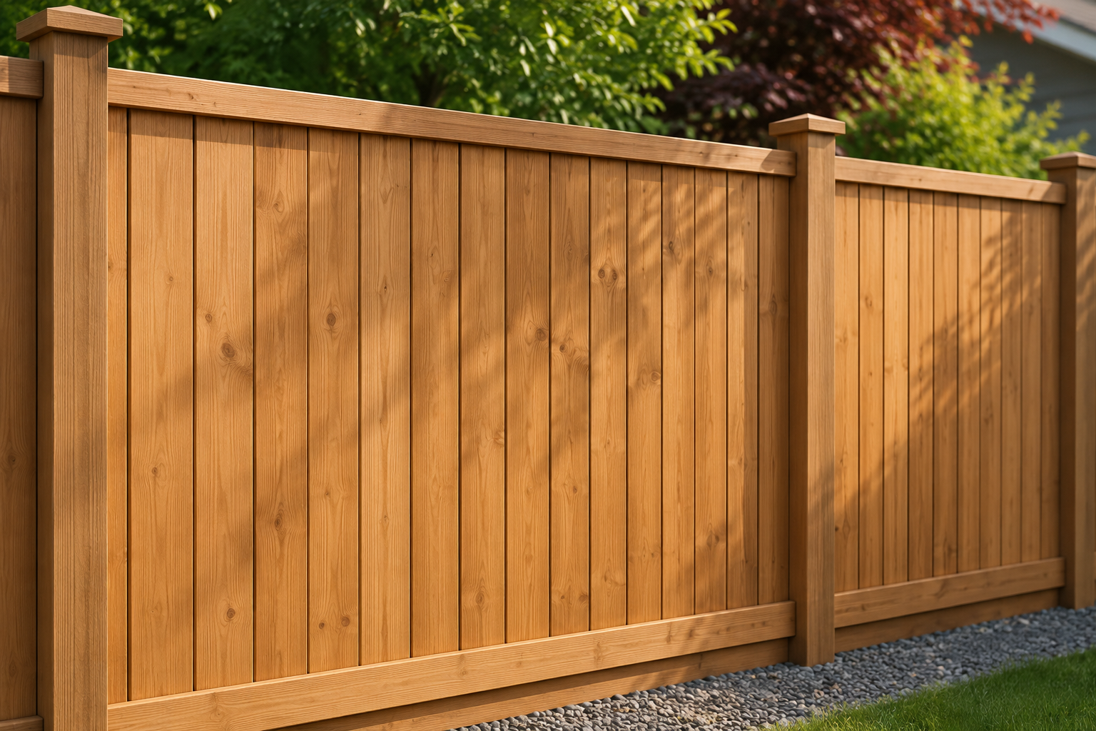 Freshly stained wood fence protected against the weather