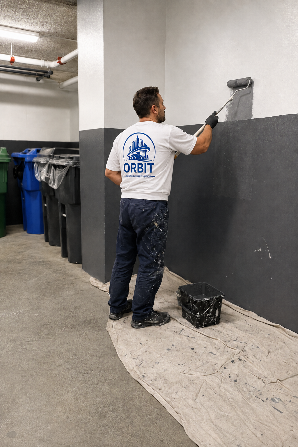 Professional painter repainting a garbage room in Greater Vancouver