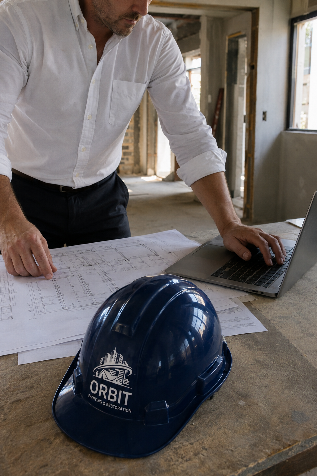 Orbit Painting & Restoration project manager reviewing building plans on site, with a branded Orbit hard hat in the foreground