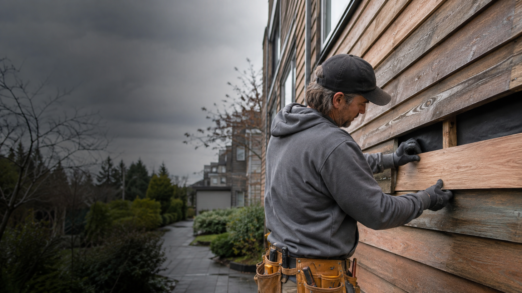 Professional repairing weathered wood siding on a multi-family property in Greater Vancouver