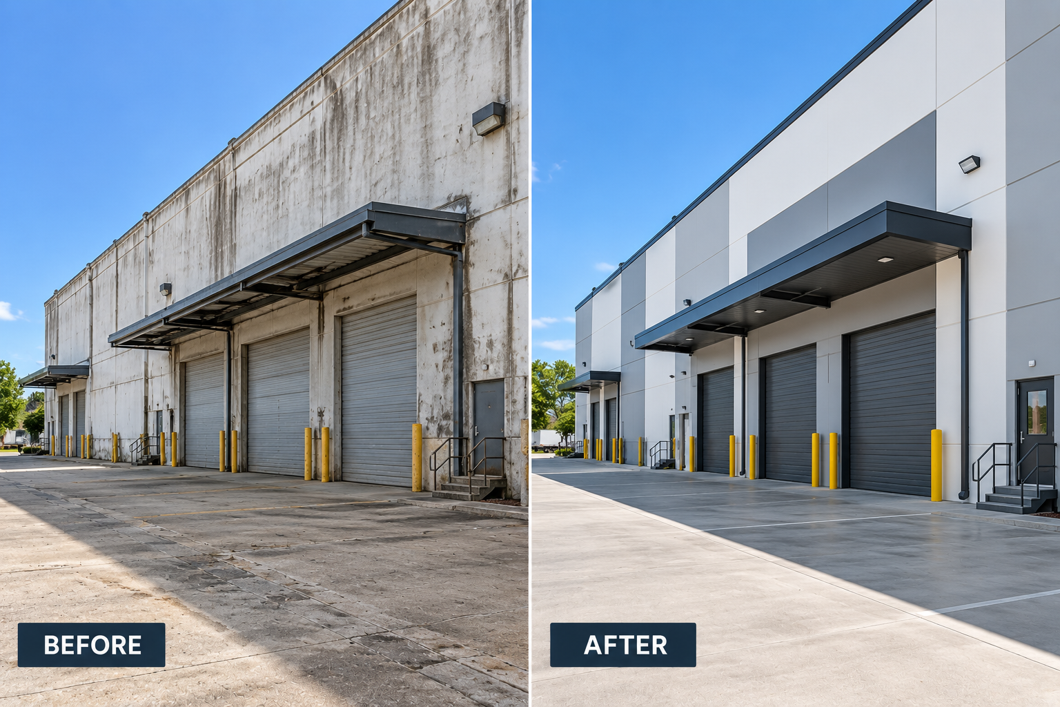 Commercial building before and after exterior painting