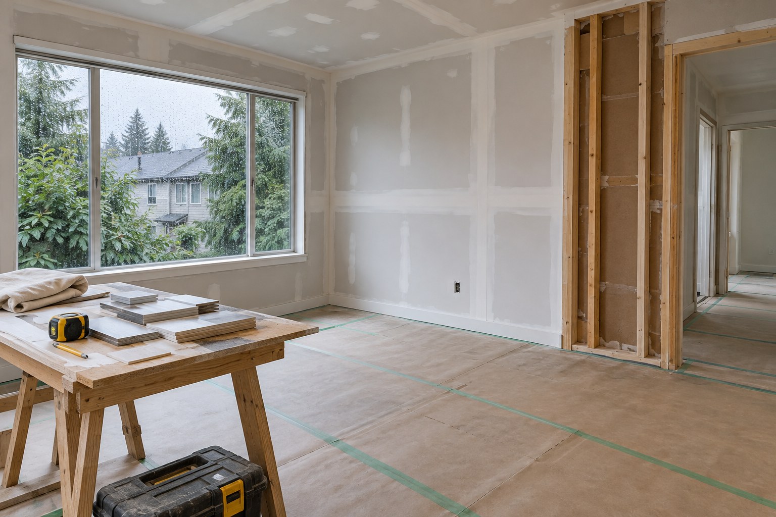 Generated concept of floor protection, drywall preparation and renovation work in progress