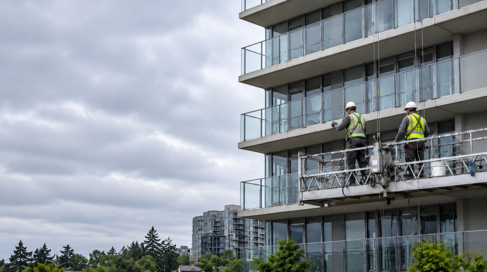 Two Orbit technicians on a suspended platform restoring glass balconies on a high-rise in Vancouver